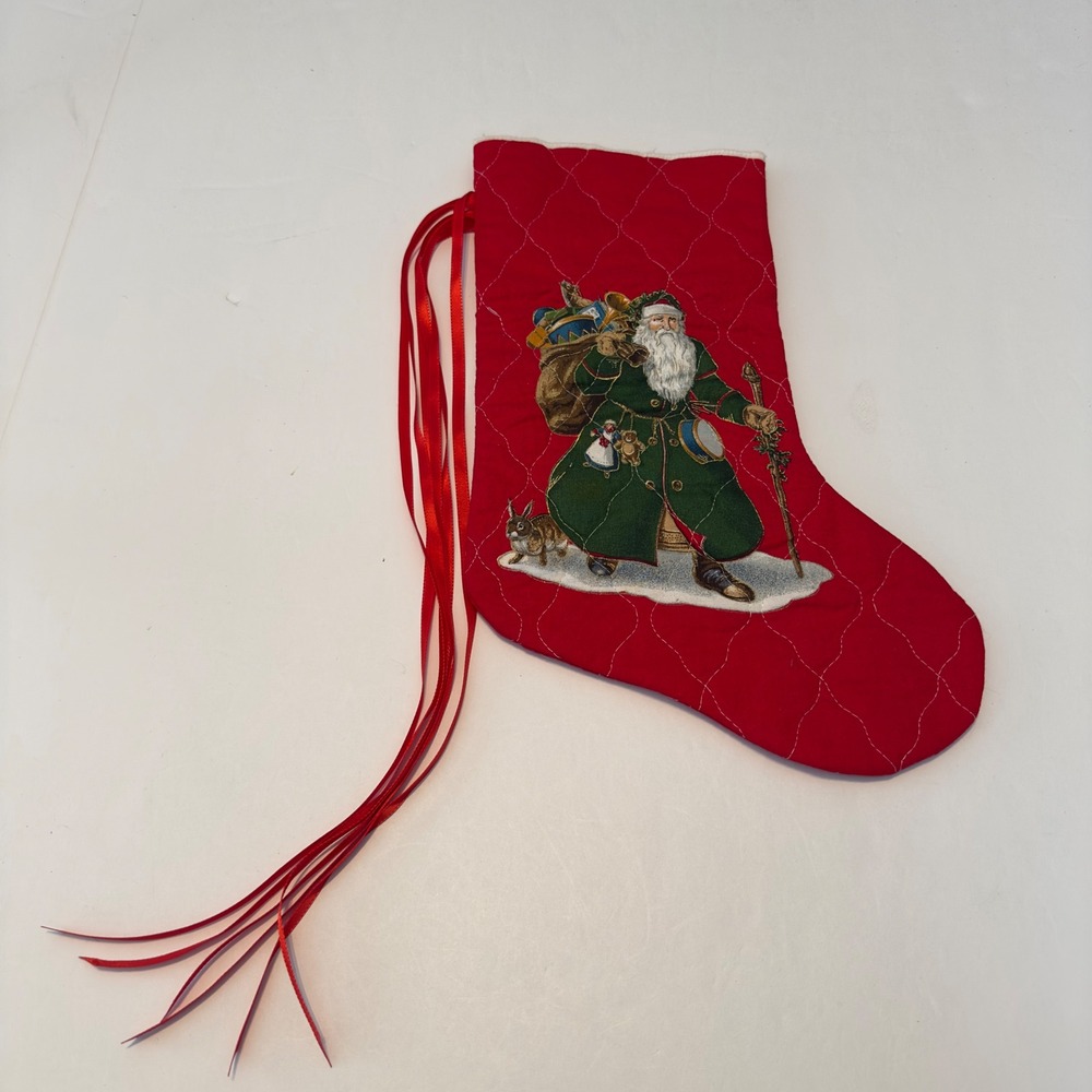 Quilted Christmas Stocking Santa Claus Rabbit Red‎ Ribbon Hanger Holiday Decor